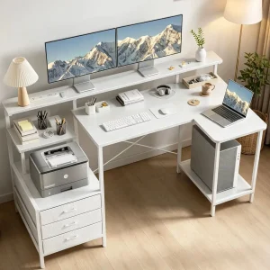Ergonomic computer desk with monitor stand, RGB LED gaming desk, built-in charging station, power outlets, and USB ports, complete with storage drawers and a fold-out side table; ideal for home offices and gaming workstations