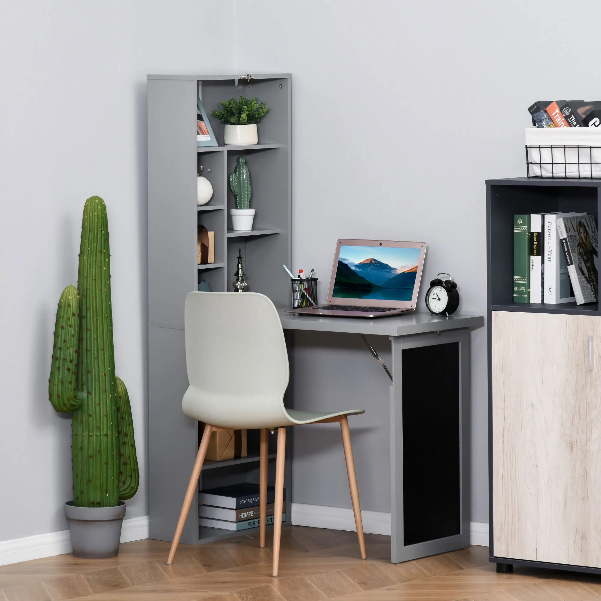Home-com Fold-Out Convertible Office Desk, Wall Mount Computer Desk with Blackboard and Side Shelf - Image 2