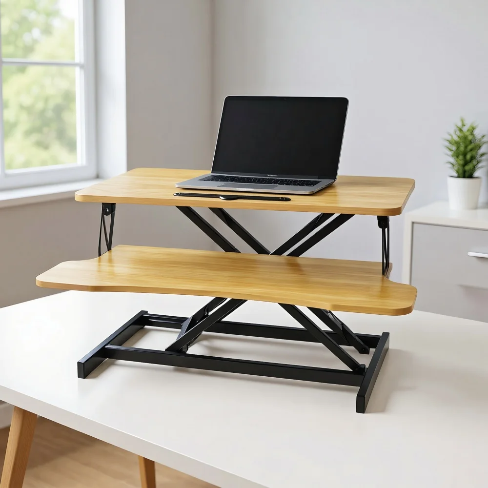 32" Modern Height Adjustable Desk Converter, Sit Stand Dual Monitor & Laptop Workstation - Image 4