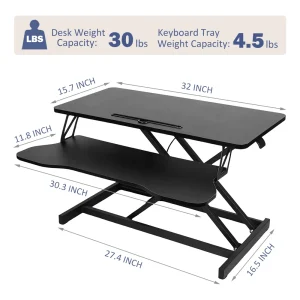 32" Modern Height Adjustable Desk Converter, Sit Stand Dual Monitor & Laptop Workstation - Thumbnail Image 3