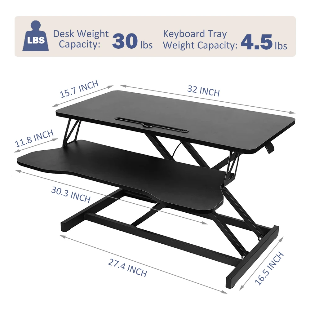 32" Modern Height Adjustable Desk Converter, Sit Stand Dual Monitor & Laptop Workstation - Image 3