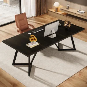 Tribe-signs 180cm Large Executive Desk, Modern Black Office Desk with Metal Frame - Thumbnail Image 2