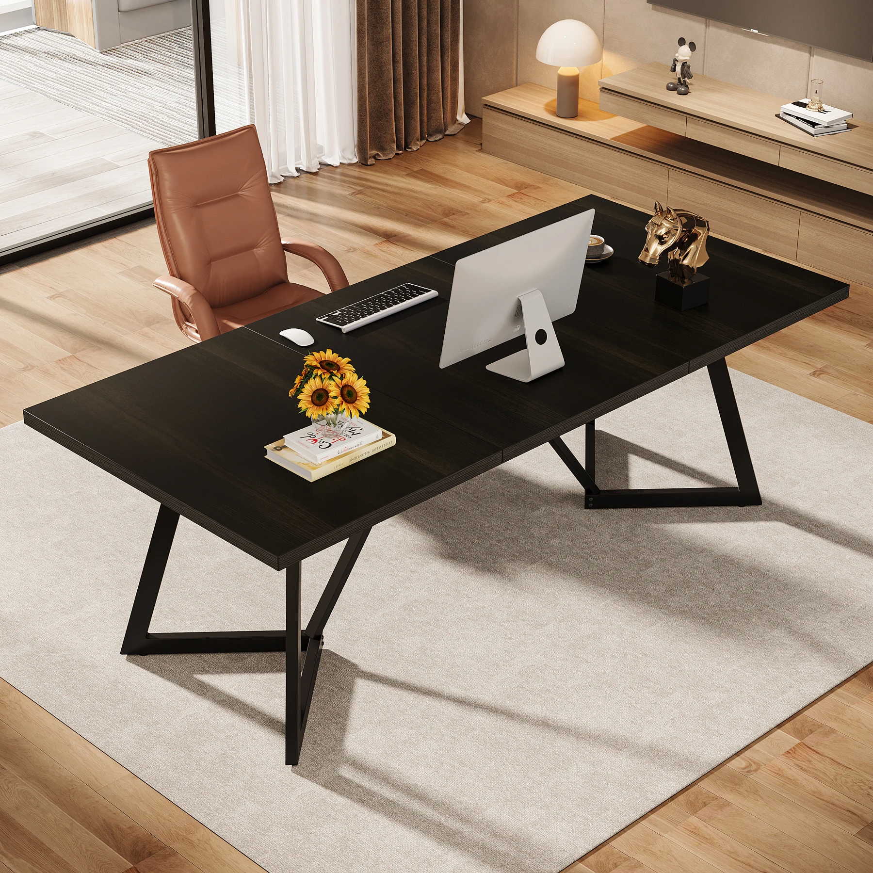Tribe-signs 180cm Large Executive Desk, Modern Black Office Desk with Metal Frame - Image 2