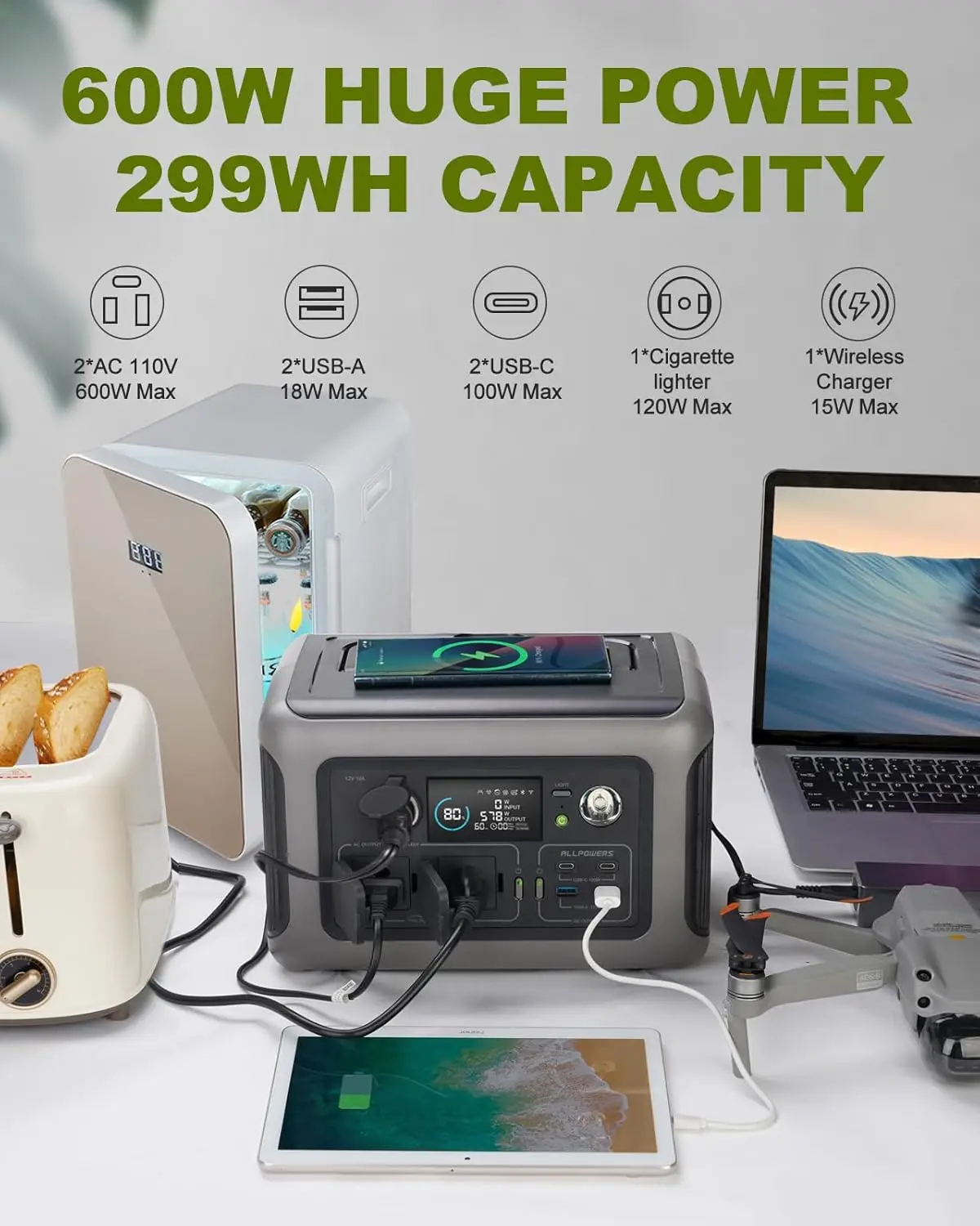 ALLPOWERS Solarpanel 100W 140W 200W Solar Energy Charger with LiFePo4 Battery 299Wh 600W Portable Power Station for Camping RV - Image 4