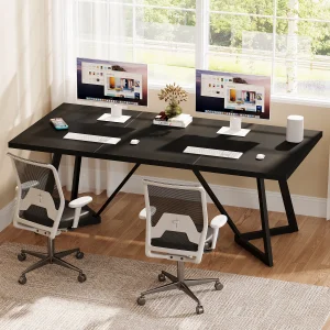 Tribe-signs 180cm Large Executive Desk, Modern Black Office Desk with Metal Frame