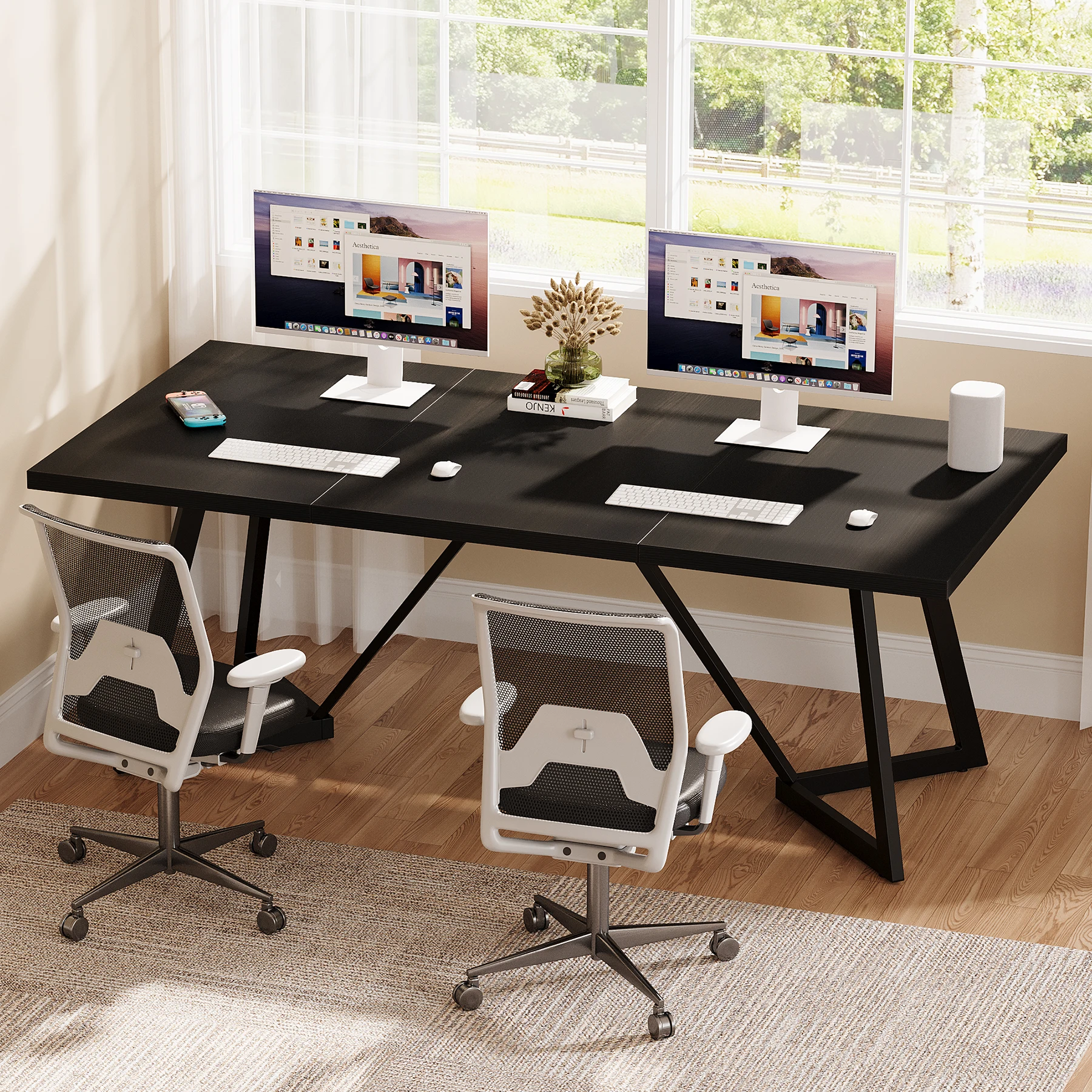 Tribe-signs 180cm Large Executive Desk, Modern Black Office Desk with Metal Frame - Image 1